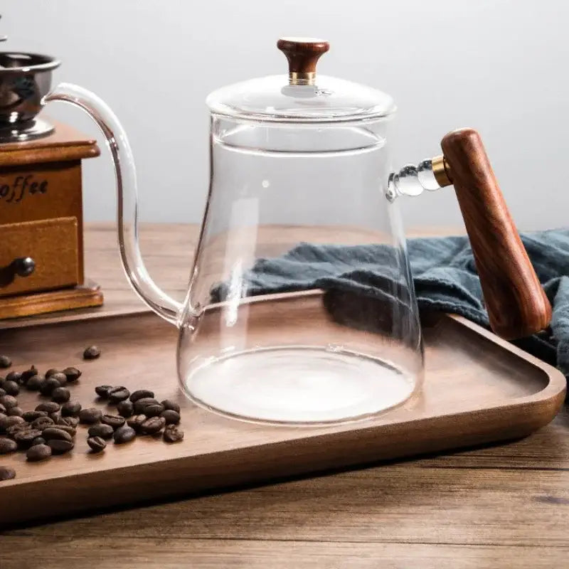 Clear glass hand drip coffee kettle with wooden handle and lid knob decorbites glass coffee kitchen accessory