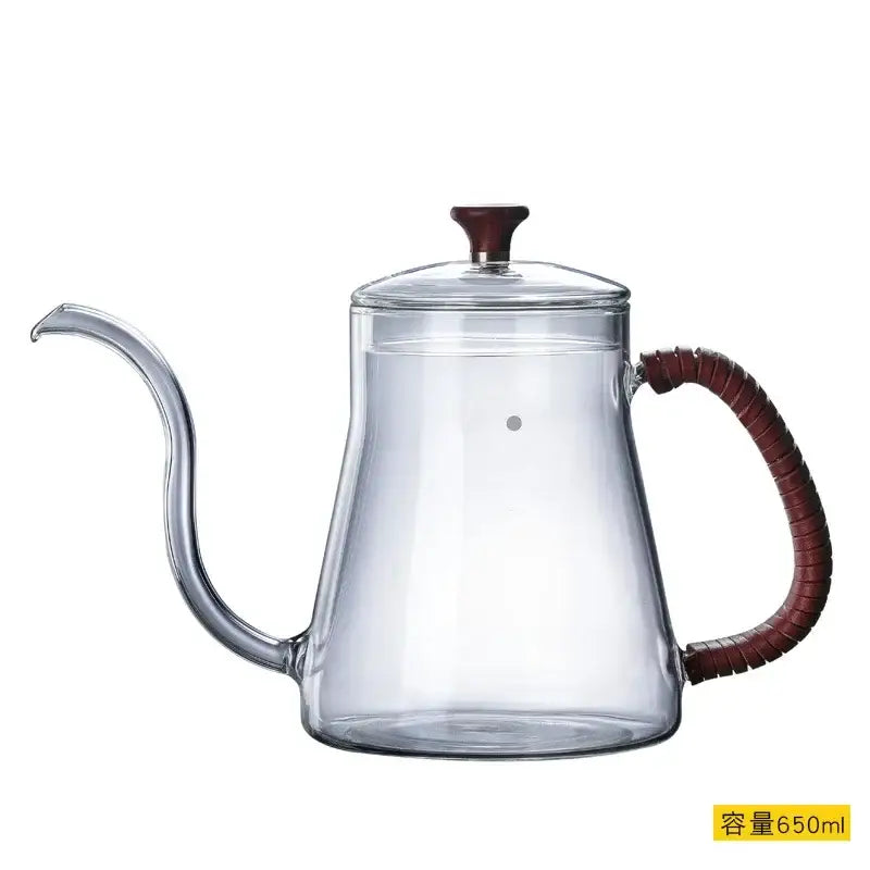 Clear glass hand drip coffee kettle with wood handle and lid knob 650ml drip kettle by decorbites glass coffee