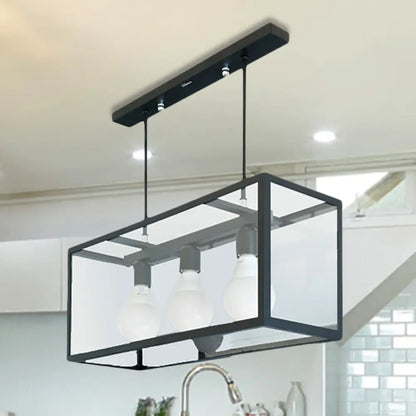 Lámpara colgante de cristal transparente DecorBites™ para isla de cocina industrial - Diseño rectangular de 3 luces en blanco