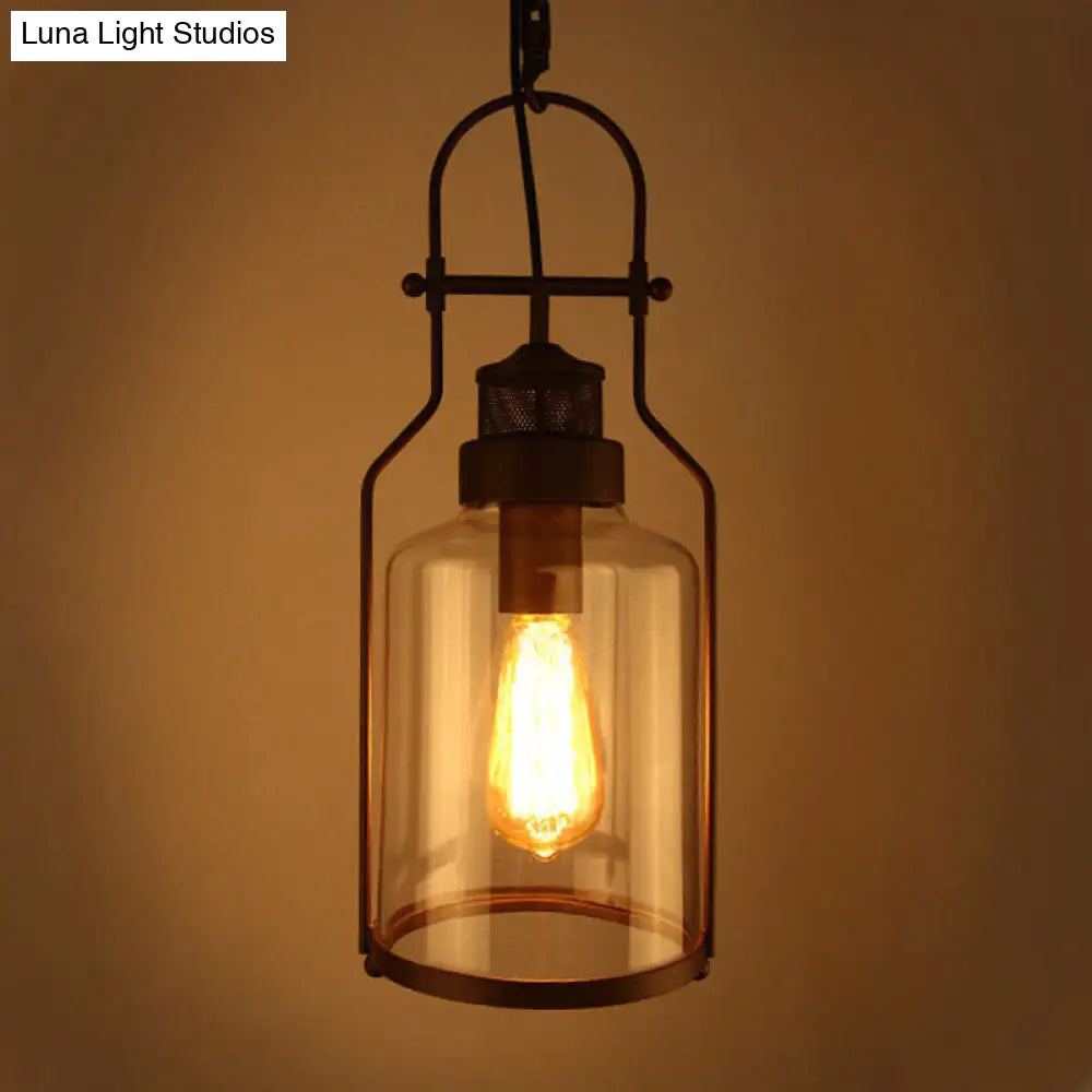 Clear Glass Hanging Pendant Light - Warehouse Style, Black Cylinder Design with Metal Frame