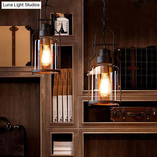 Lámpara colgante de cristal transparente - Estilo industrial, diseño cilíndrico negro con estructura metálica