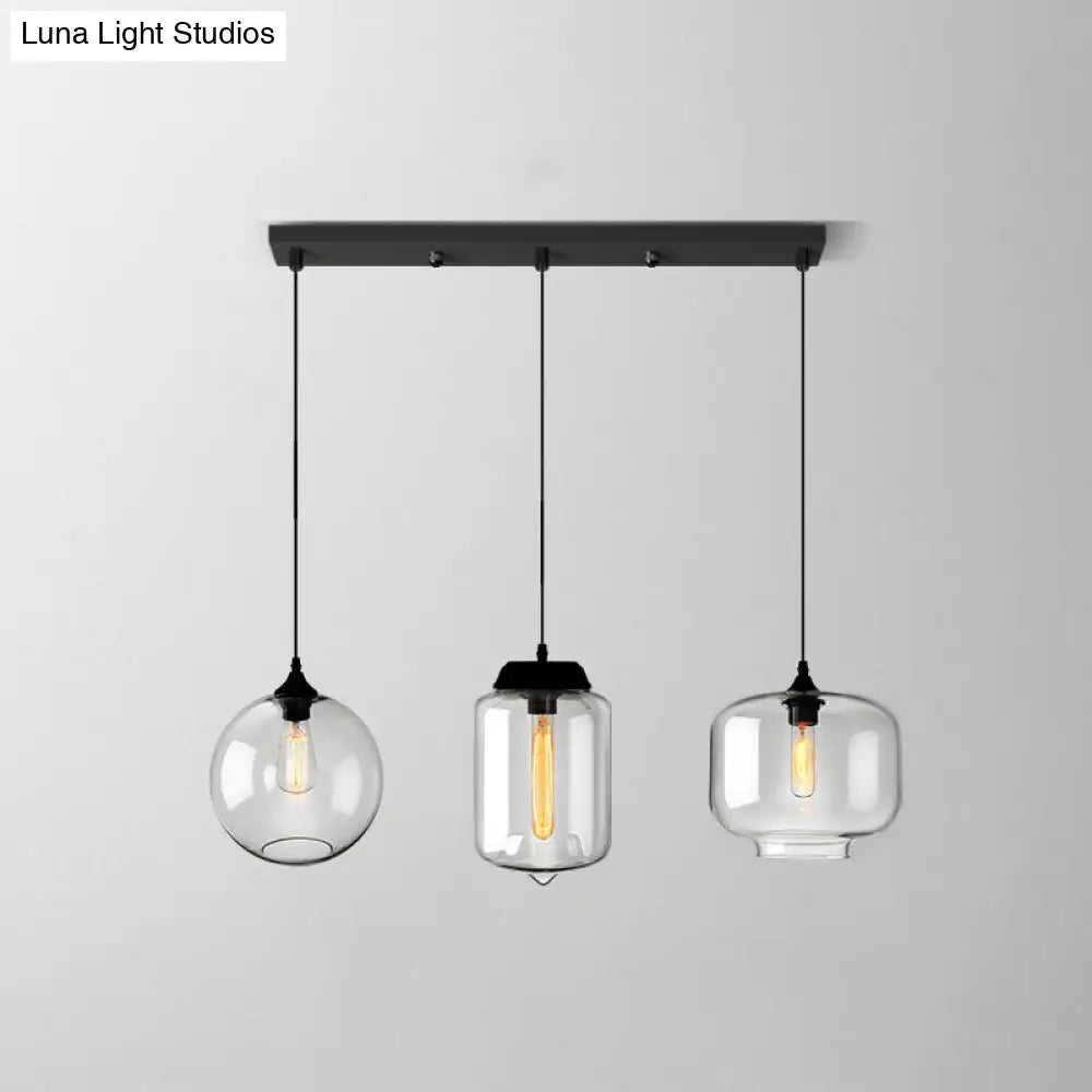 Lámpara colgante industrial de cristal transparente con pantalla y múltiples luces: Iluminación colgante de 3 bombillas para comedor