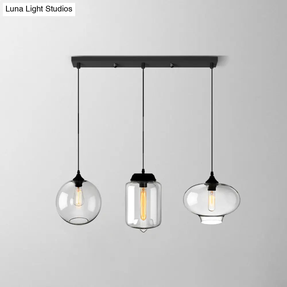 Lámpara colgante industrial de cristal transparente con pantalla y múltiples luces: Iluminación colgante de 3 bombillas para comedor