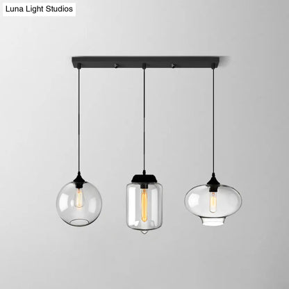 Lámpara colgante industrial de cristal transparente con pantalla y múltiples luces: Iluminación colgante de 3 bombillas para comedor