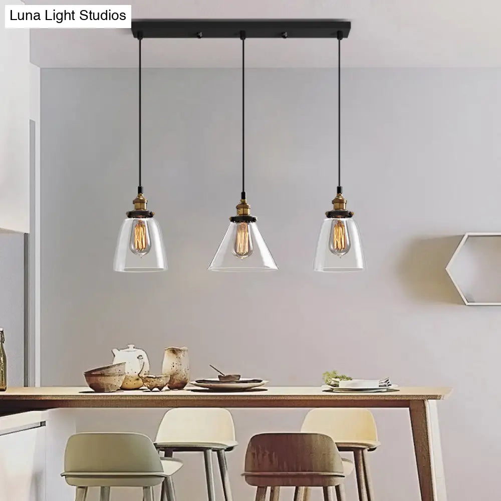 Clear Glass Industrial Shaded Multi-Light Pendant: 3-Bulb Hanging Lighting for Dining Room