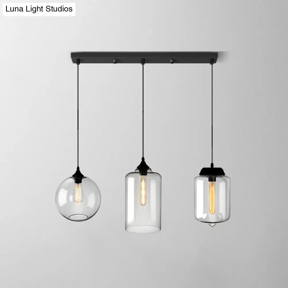 Lámpara colgante industrial de cristal transparente con pantalla y múltiples luces: Iluminación colgante de 3 bombillas para comedor