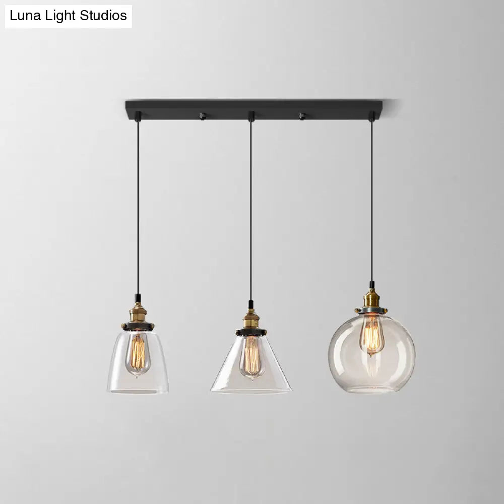 Lámpara colgante industrial de cristal transparente con pantalla y múltiples luces: Iluminación colgante de 3 bombillas para comedor