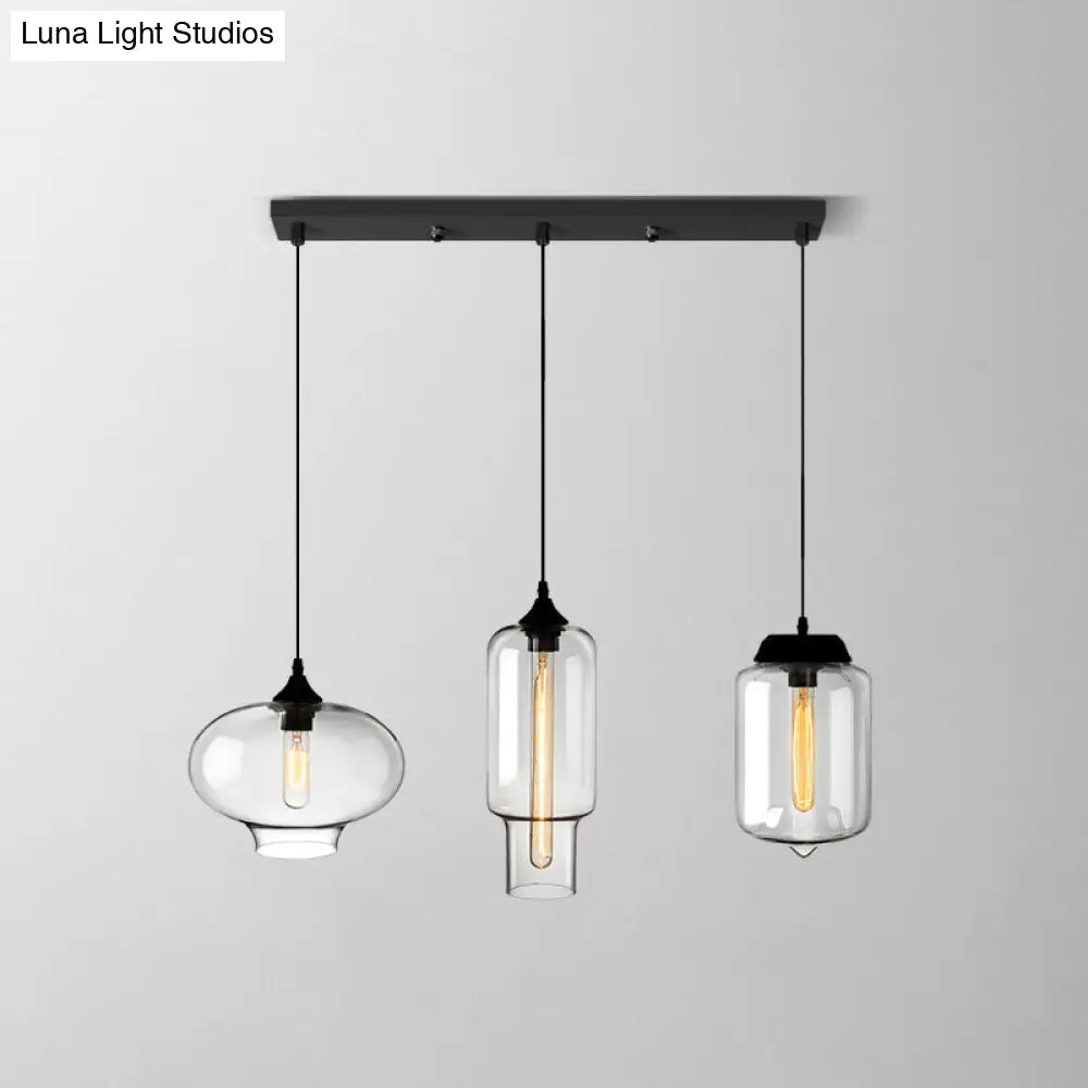 Lámpara colgante industrial de cristal transparente con pantalla y múltiples luces: Iluminación colgante de 3 bombillas para comedor
