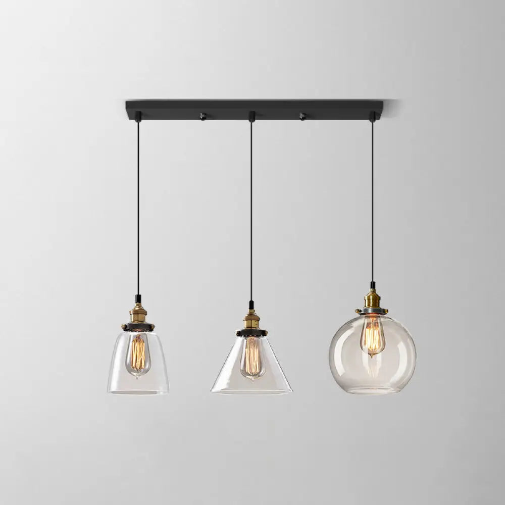 Clear Glass Industrial Shaded Multi-Light Pendant: 3-Bulb Hanging Lighting for Dining Room