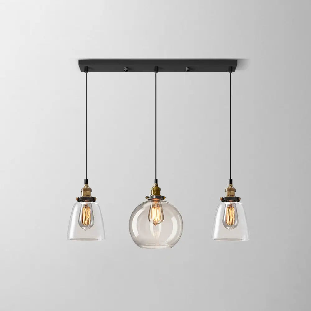 Clear Glass Industrial Shaded Multi-Light Pendant: 3-Bulb Hanging Lighting for Dining Room