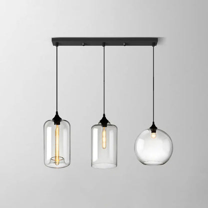 Lámpara colgante industrial de cristal transparente con pantalla y múltiples luces: Iluminación colgante de 3 bombillas para comedor