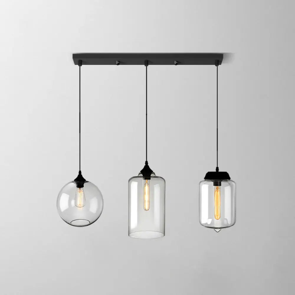 Lámpara colgante industrial de cristal transparente con pantalla y múltiples luces: Iluminación colgante de 3 bombillas para comedor