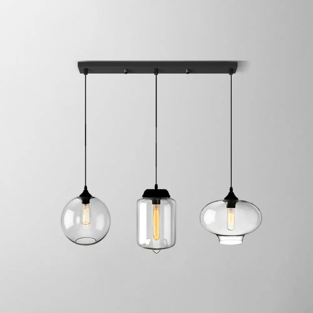 Lámpara colgante industrial de cristal transparente con pantalla y múltiples luces: Iluminación colgante de 3 bombillas para comedor