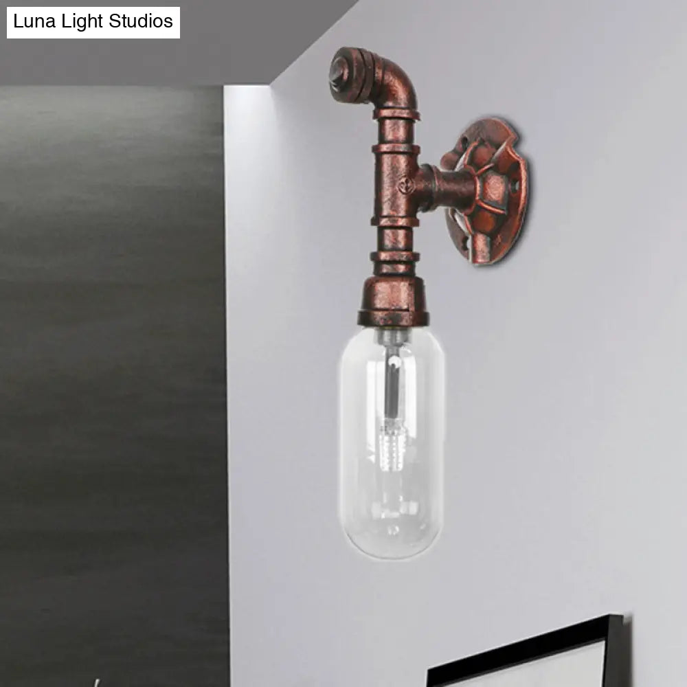 Aplique de pared industrial de cobre envejecido con cristal transparente y diseño de tubería – Lámpara de dormitorio