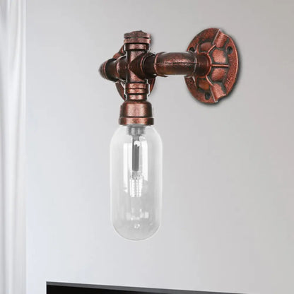 Aplique de pared industrial de cobre envejecido con cristal transparente y diseño de tubería – Lámpara de dormitorio