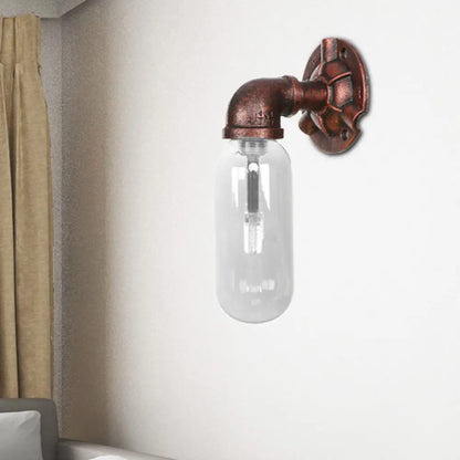 Aplique de pared industrial de cobre envejecido con cristal transparente y diseño de tubería – Lámpara de dormitorio