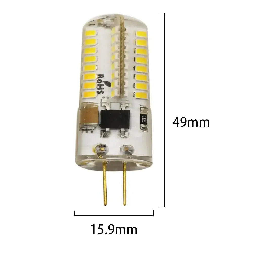 Clear glass led chandelier bulb with yellow leds in vertical columns and gold pins for dining room spotlight use