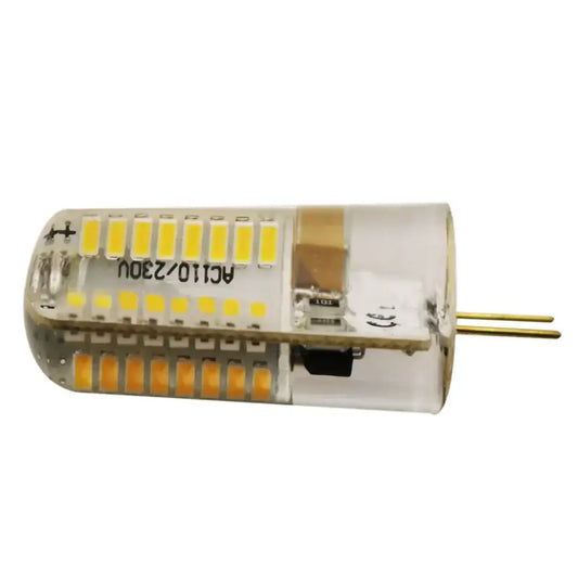 Clear glass led chandelier bulb with yellow leds in rows and gold pins designed for dining room spotlight use