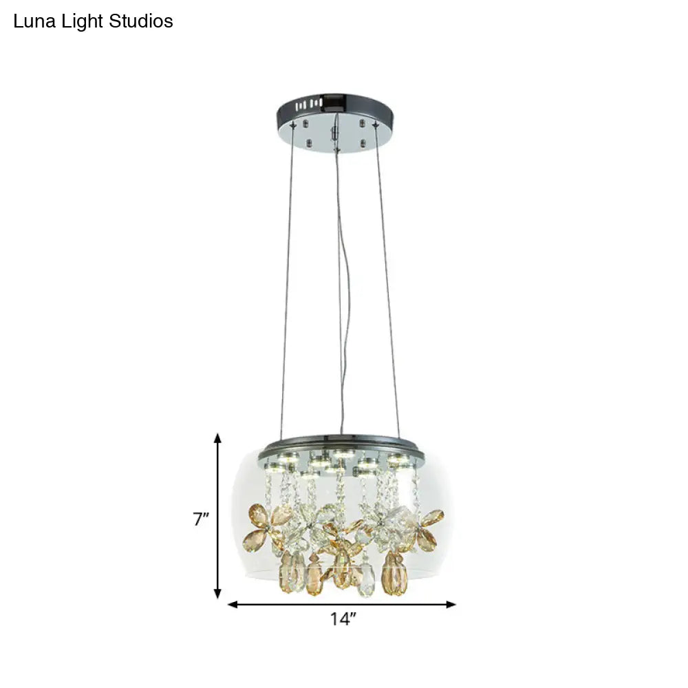 Lámpara de araña LED plateada de cristal transparente: Diseño moderno tipo cuenco, 35,5/40,5 cm de ancho, cristales colgantes, luz cálida/blanca.