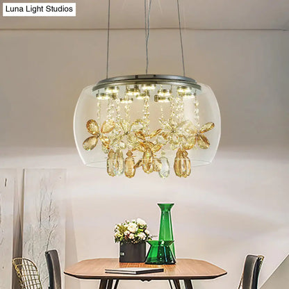 Lámpara de araña LED plateada de cristal transparente: Diseño moderno tipo cuenco, 35,5/40,5 cm de ancho, cristales colgantes, luz cálida/blanca.