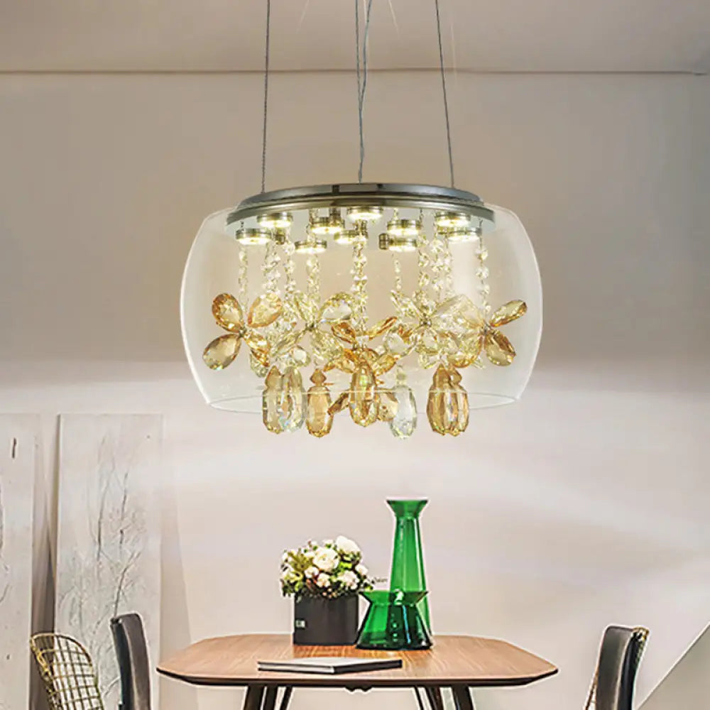 Lámpara de araña LED plateada de cristal transparente: Diseño moderno tipo cuenco, 35,5/40,5 cm de ancho, cristales colgantes, luz cálida/blanca.