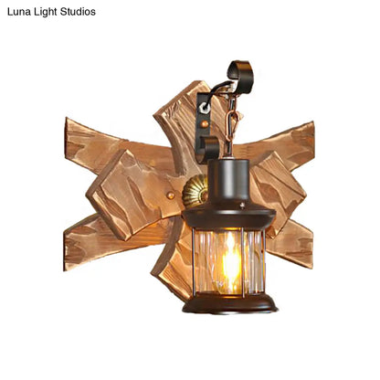 Clear Glass/Marble Lantern Sconce Light: Industrial Wall Lighting for Living Room, Bronze Finish