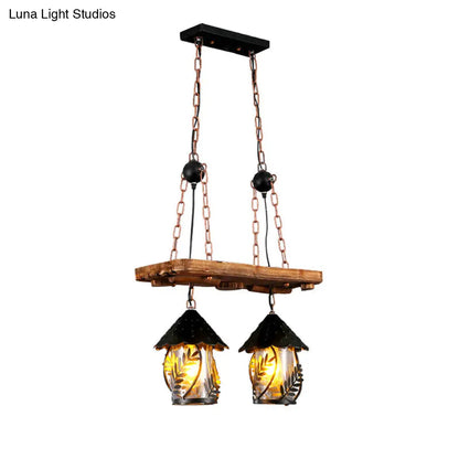 Clear Glass Nautical Lantern Chandelier with Wood Leaf Pattern Pendant Light