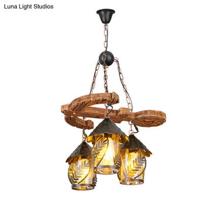 Clear Glass Nautical Lantern Chandelier with Wood Leaf Pattern Pendant Light