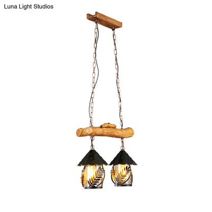 Clear Glass Nautical Lantern Chandelier with Wood Leaf Pattern Pendant Light