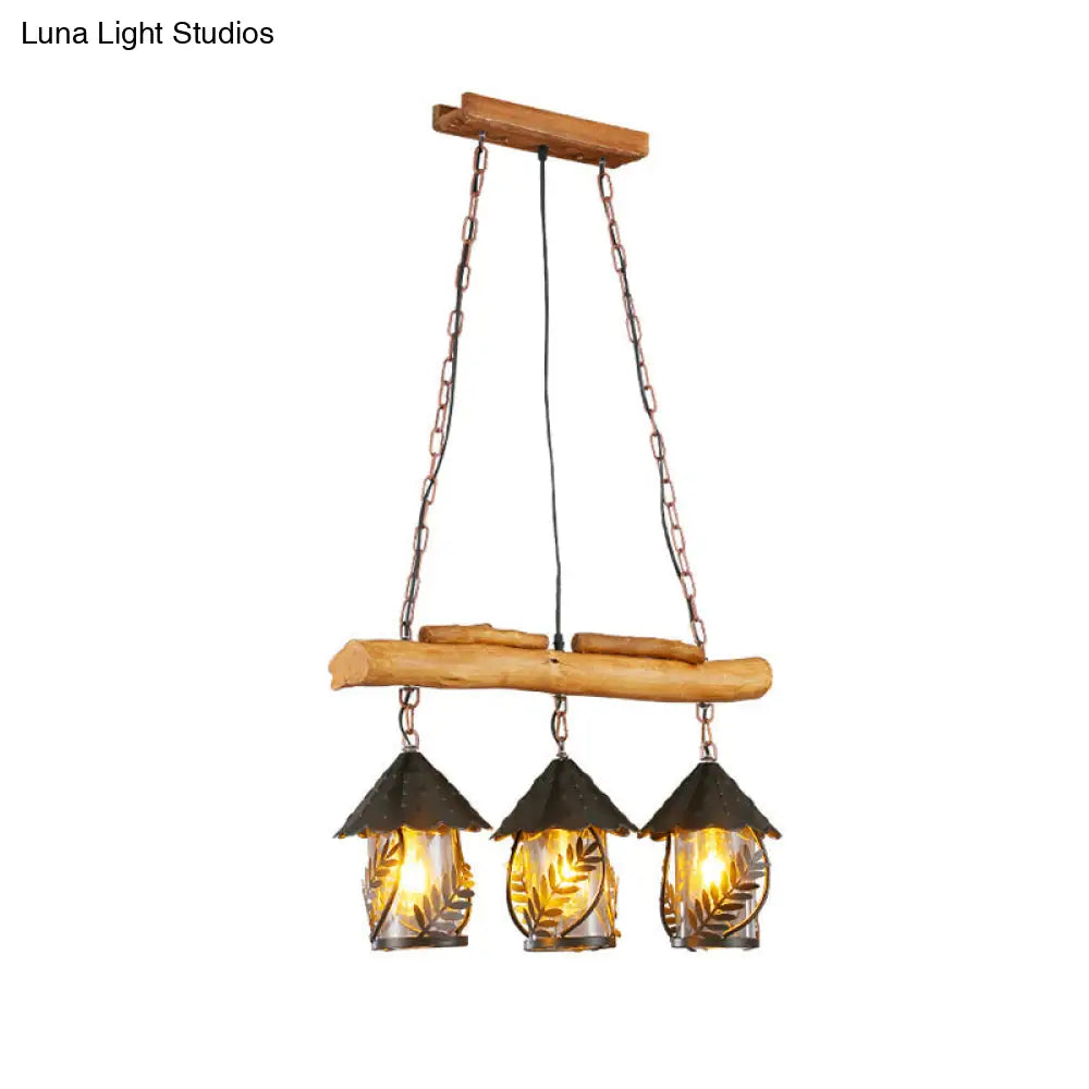 Clear Glass Nautical Lantern Chandelier with Wood Leaf Pattern Pendant Light