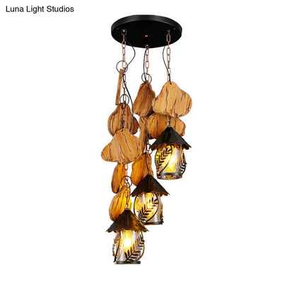 Clear Glass Nautical Lantern Chandelier with Wood Leaf Pattern Pendant Light