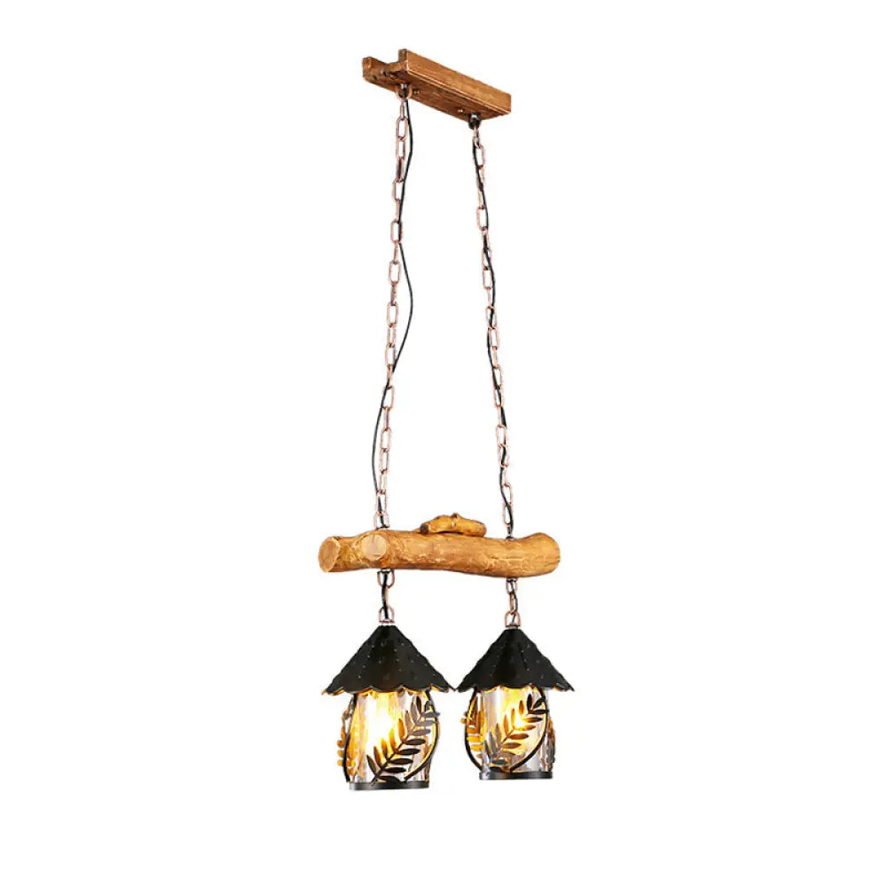 Clear Glass Nautical Lantern Chandelier with Wood Leaf Pattern Pendant Light