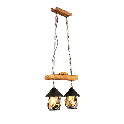 Clear Glass Nautical Lantern Chandelier with Wood Leaf Pattern Pendant Light