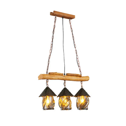 Clear Glass Nautical Lantern Chandelier with Wood Leaf Pattern Pendant Light