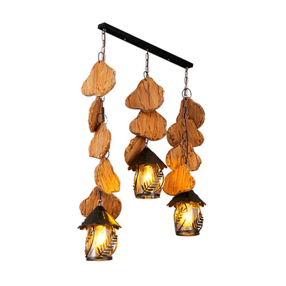 Clear Glass Nautical Lantern Chandelier with Wood Leaf Pattern Pendant Light