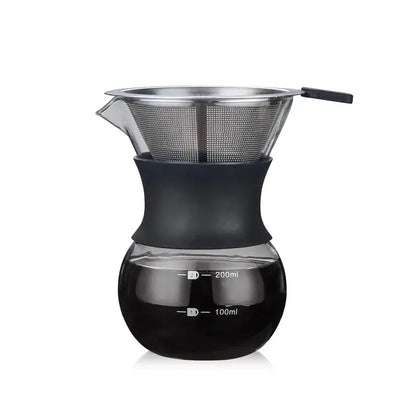 Clear glass pour over coffee maker with a black silicone base and a stainless steel filter for brewing coffee