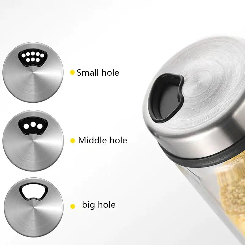 Clear glass spice shaker with stainless steel rotary lid and black rubber seal for salt sesame pepper storage