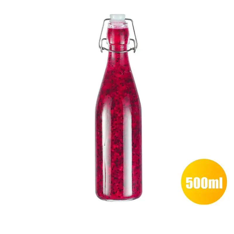 Clear glass storage bottle by decorbites with silver swing top lid filled with red liquid and dark specks for kitchen storage