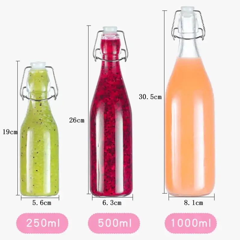 Three clear glass storage bottles in 250ml 500ml and 1000ml with swing top lids and colorful liquids decorbites glass storage