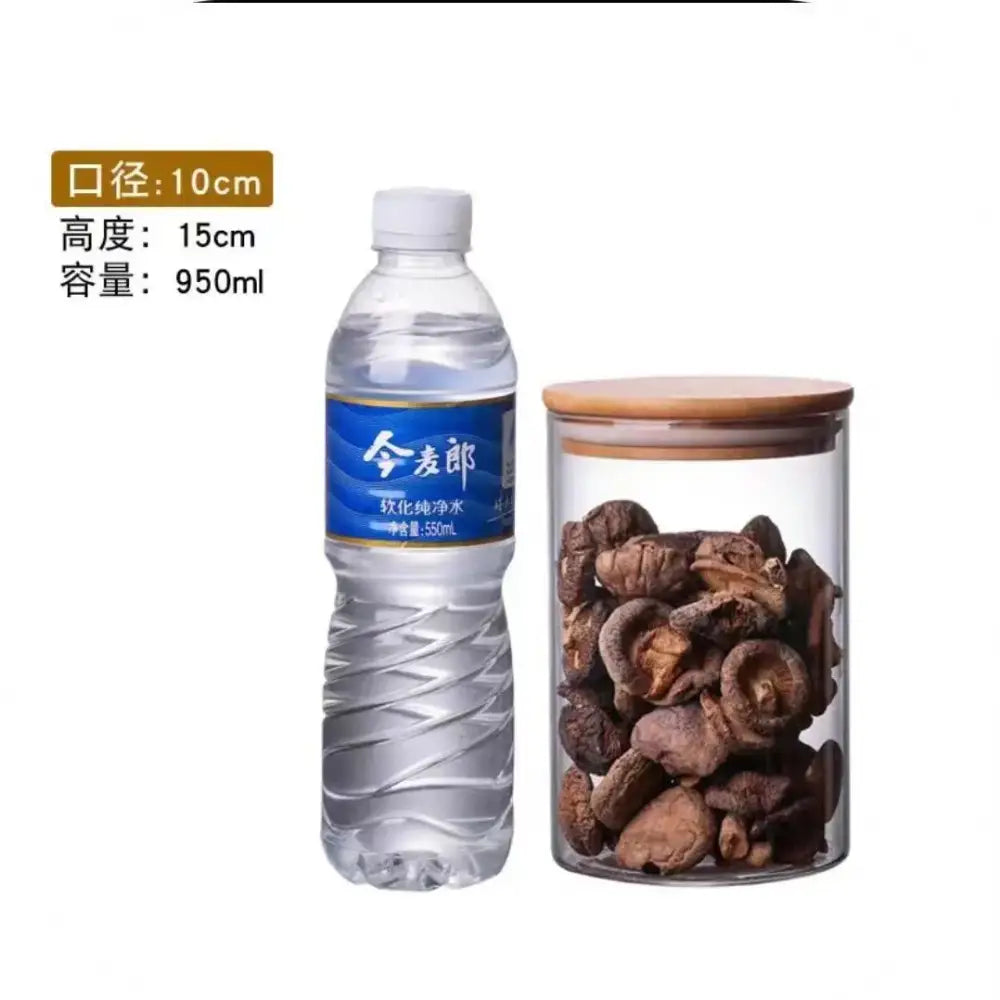 Clear glass storage jar with bamboo lid filled with dried shiitake mushrooms for kitchen organization
