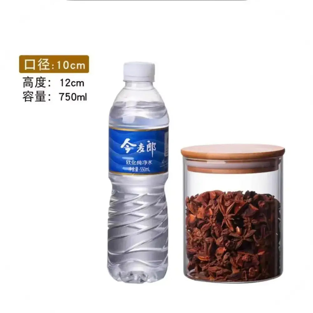 Clear glass storage jars with bamboo lids filled with dried star anise for kitchen organization and storage jars