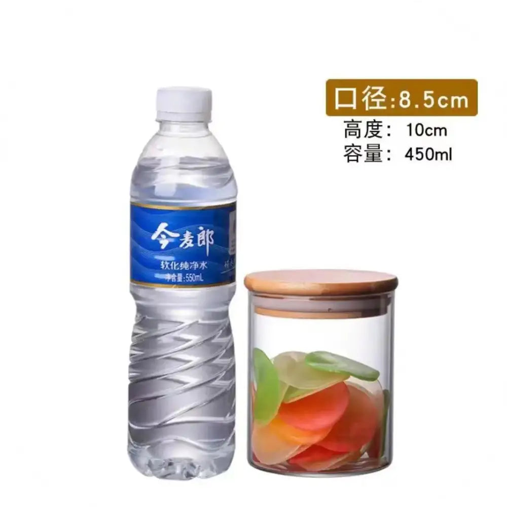 Clear glass storage jar with bamboo lid containing colorful fruit slices for kitchen organization and storage jars