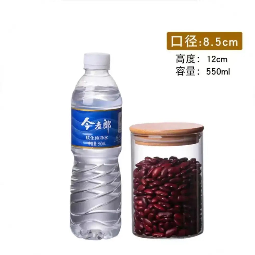 Clear glass storage jar with bamboo lid containing red beans for kitchen organization and storage jars use