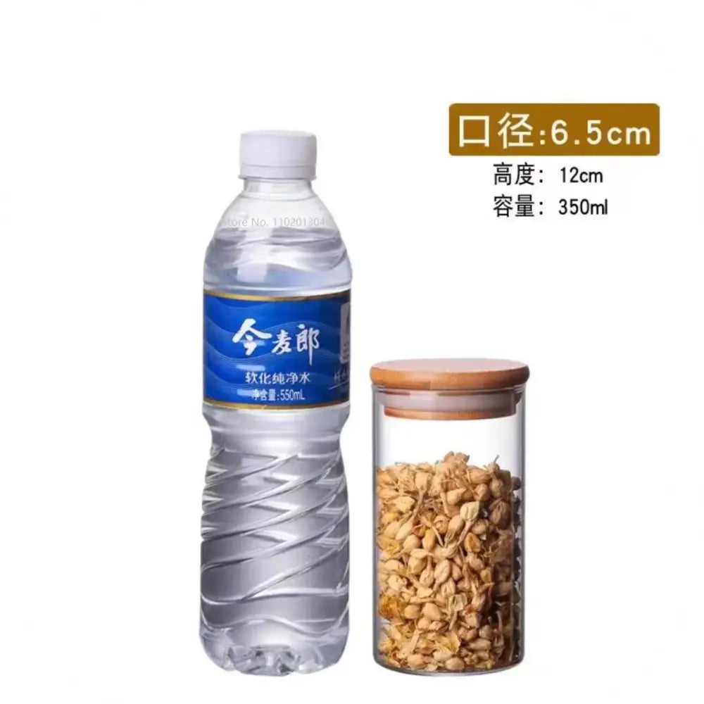 Clear glass storage jars with bamboo lids featuring transparent design for kitchen organization and glass storage use