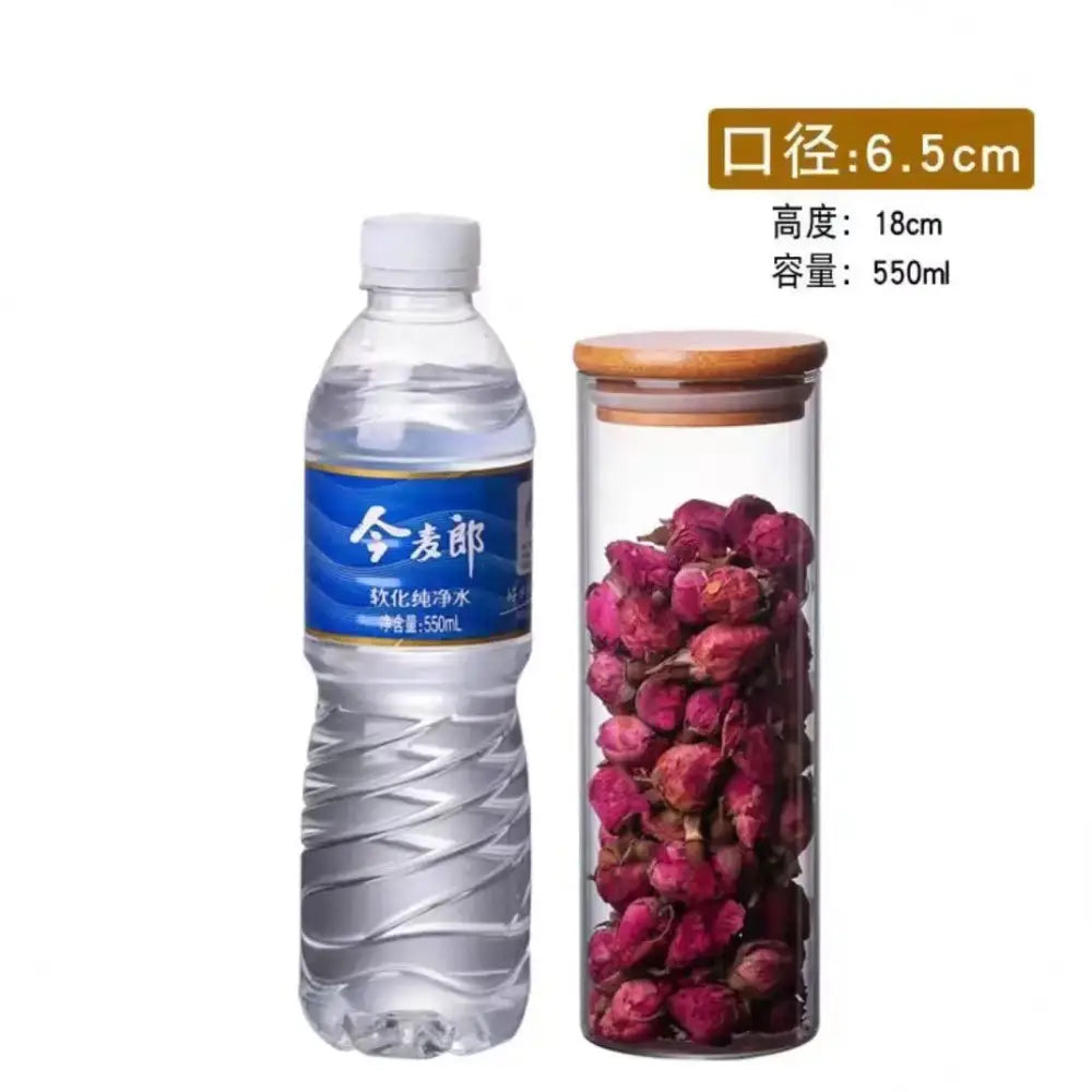 Clear glass storage jar with bamboo lid filled with dried pink rose petals for kitchen organization