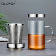 Clear glass tea infuser mug with stainless steel infuser lid and handle made of borosilicate for kitchen use