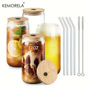 Clear glass tumbler cups with bamboo lids and clear glass straws kitchen set by kemorela for eco-friendly use