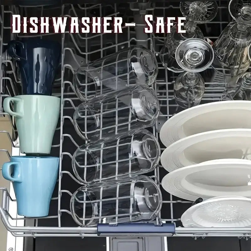 Open dishwasher rack holding clear glass tumbler cups with bamboo lid and straw alongside navy blue and pastel mugs