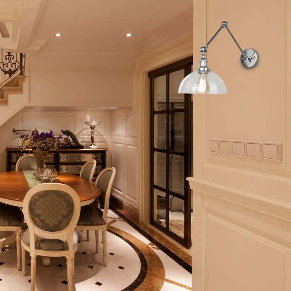 Clear Glass Wall Hanging Dome Light - Industrial Single Bulb Sconce in Chrome - Ideal for Dining Room