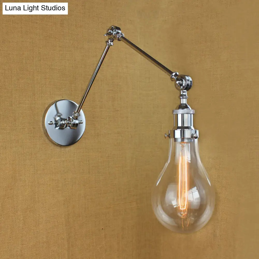 Clear Glass Wall Hanging Industrial Sconce Lamp in Chrome - Single Light Bulb Shade for Living Room
